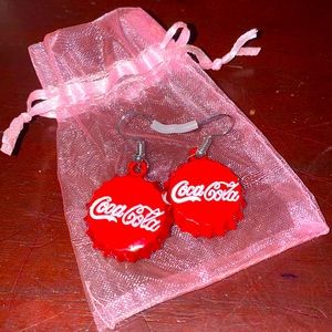 Coca Cola Bottle Cap Earrings in a Drawstring Gift bag Nickel Free